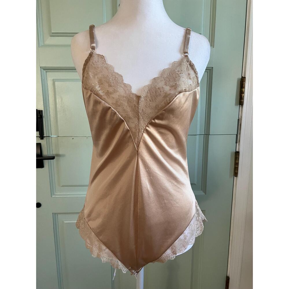 Vintage Beige Satin Lace Bodysuit – Adjustable Straps, Snap Closure